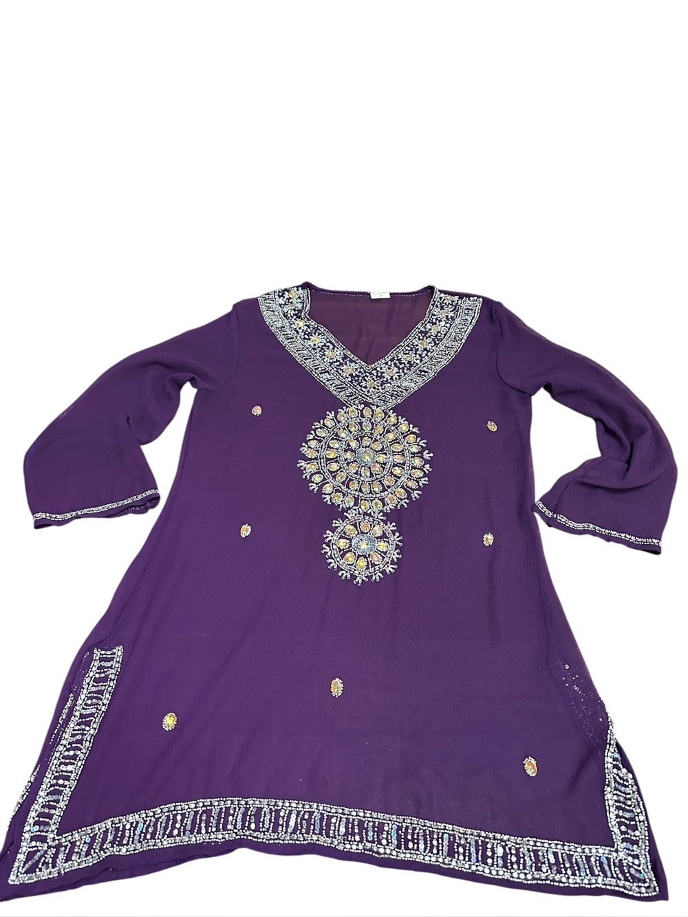 Made in India Embellished Purple Tunic Dress‎ Top 2XL Beaded Sequin Sheer Sleeve - Picture 4 of 14